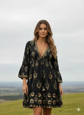 V-Neck Printed Boho Dress