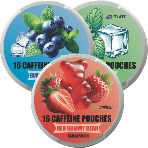 56mg Variety 3-Pack Caffeine Energy Pouches: Blueberry Ice, Spearmint, Strawberry Gummy Bear