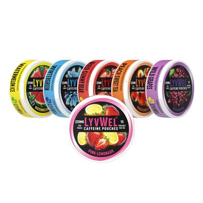 225mg Variety 6-Pack Watermelon, Pink Lemonade, Red Gummy Bear, Peach Sweet Tea, Wild Grape, Wintergreen Caffeine Energy Pouches - 90 Pouches