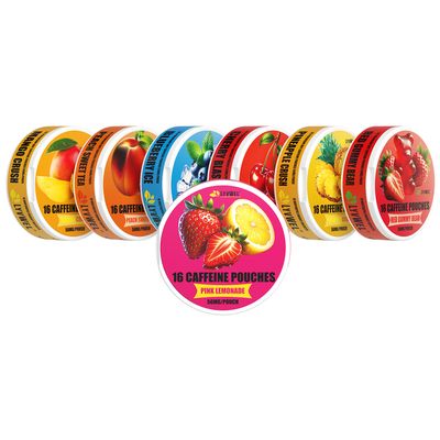 56mg Variety 7-Pack Blueberry Ice, Red Gummy Bear, Mango Crush, Cherry Blast, Pink Lemonade, Pineapple Crush, Peach Sweet Tea Caffeine Energy Pouches - 112 Pouches