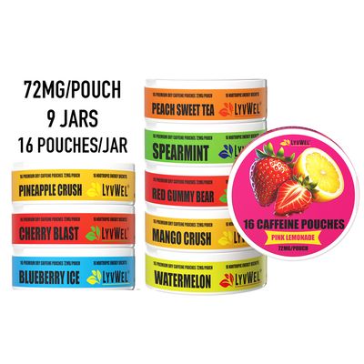 72mg Variety 9-Pack Blueberry Ice, Red Gummy Bear, Mango Crush, Cherry Blast, Pink Lemonade, Pineapple Crush, Peach Sweet Tea, Watermelon, Spearmint Caffeine Energy Pouches - 144 Pouches