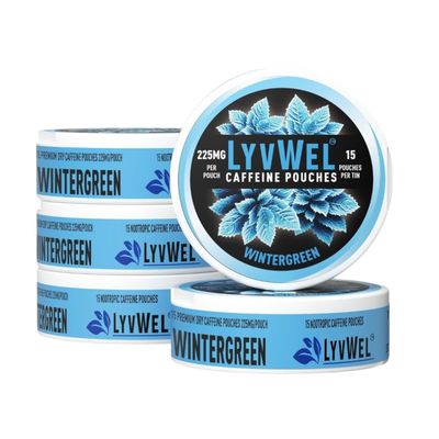 225mg Wintergreen 5-Pack (15 pouches per jar) Caffeine Nootropic Energy Pouches Upper Energy decky