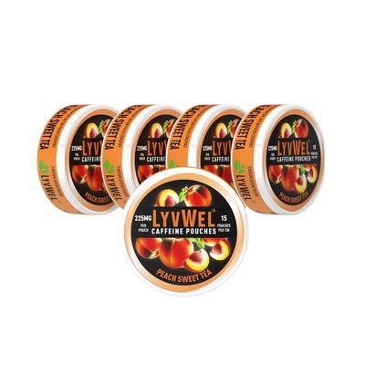 225mg Peach Sweet Tea 5-Pack (15 pouches per jar) 75 pouches Caffeine Nootropic Energy Pouches Upper Energy decky