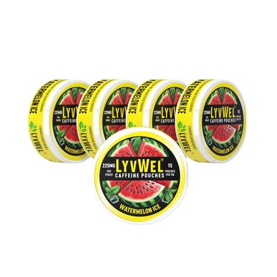225mg Watermelon 5-Pack (15 pouches per jar) 75 pouches Caffeine Nootropic Energy Pouches Upper Energy decky