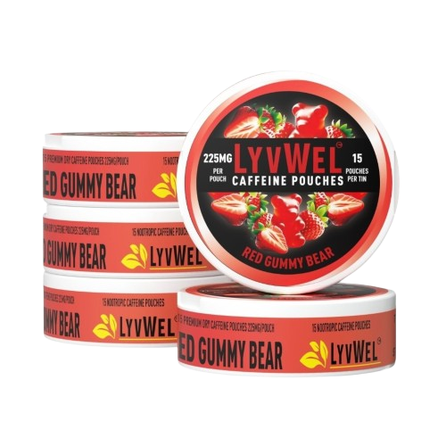 225mg Red Gummy Bear 5-Pack (15 pouches per jar) 75 pouches Caffeine Nootropic Energy Pouches Upper Energy decky