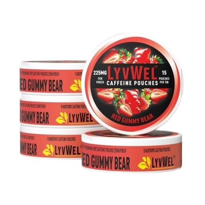 225mg Red Gummy Bear 5-Pack (15 pouches per jar) 75 pouches Caffeine Nootropic Energy Pouches Upper Energy decky