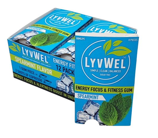 12 packs of Spearmint LyvWel Caffeinated Nootropic Energy Gum