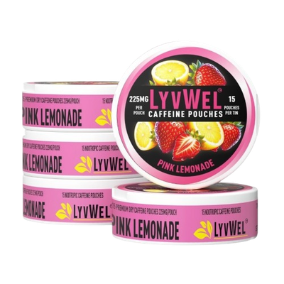 225mg Pink Lemonade 5-Pack (15 pouches per jar) 75 pouches Caffeine Nootropic Energy Pouches Upper Energy decky