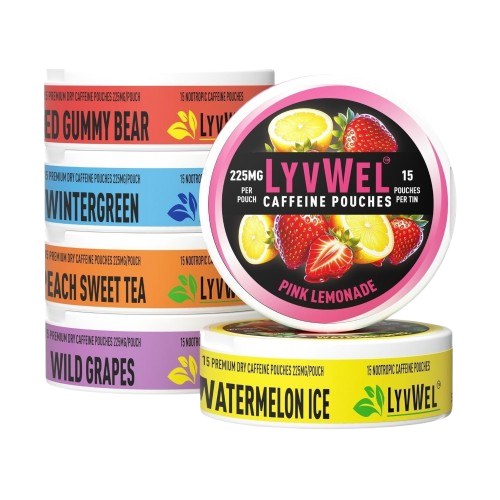 225mg Variety 6-Pack Watermelon, Pink Lemonade, Red Gummy Bear, Peach Sweet Tea, Wild Grape, Wintergreen Caffeine Energy Pouches - 90 Pouches