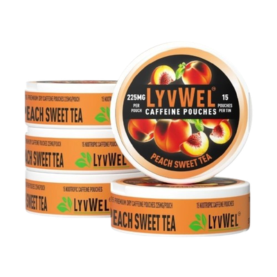 225mg Peach Sweet Tea 5-Pack (15 pouches per jar) 75 pouches Caffeine Nootropic Energy Pouches Upper Energy decky