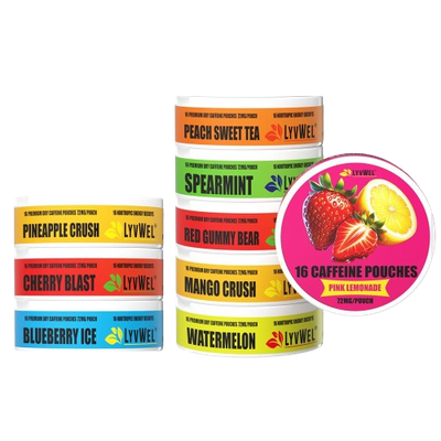 72mg Variety 9-Pack Blueberry Ice, Red Gummy Bear, Mango Crush, Cherry Blast, Pink Lemonade, Pineapple Crush, Peach Sweet Tea, Watermelon, Spearmint Caffeine Energy Pouches - 144 Pouches