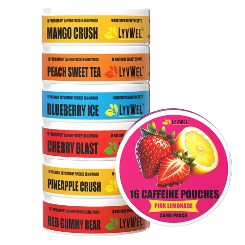 56mg Variety 7-Pack Blueberry Ice, Red Gummy Bear, Mango Crush, Cherry Blast, Pink Lemonade, Pineapple Crush, Peach Sweet Tea Caffeine Energy Pouches - 112 Pouches
