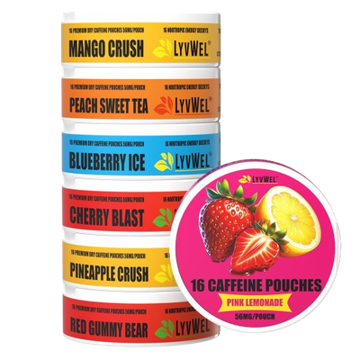56mg Variety 7-Pack Blueberry Ice, Red Gummy Bear, Mango Crush, Cherry Blast, Pink Lemonade, Pineapple Crush, Peach Sweet Tea Caffeine Energy Pouches - 112 Pouches