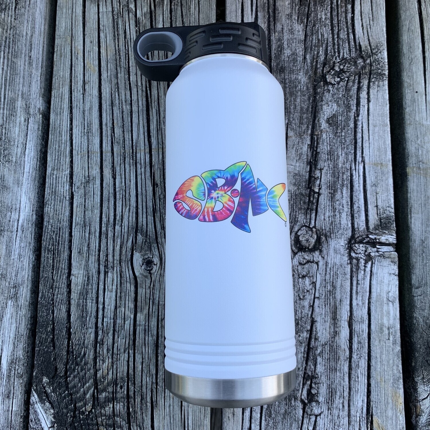 SBNC FISH 32oz WHITE STRAW BOTTLE TIE-DYE RAINBOW