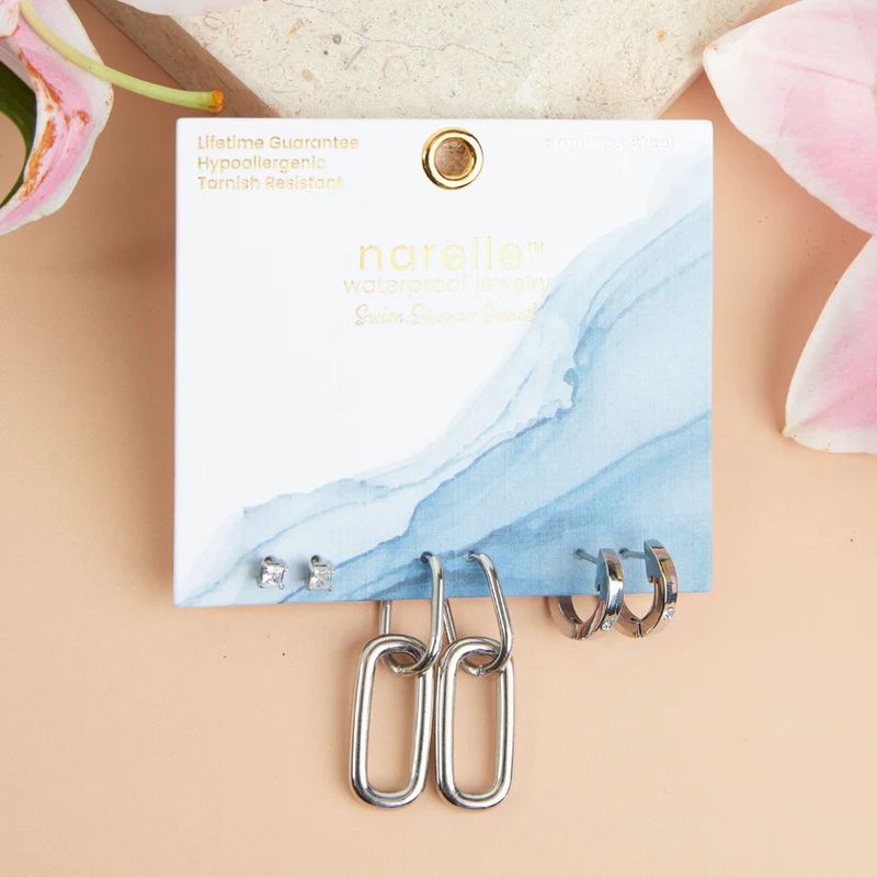 NARELLE DOUBLE LINKED HOOP TRIO EARRINGS SILVER