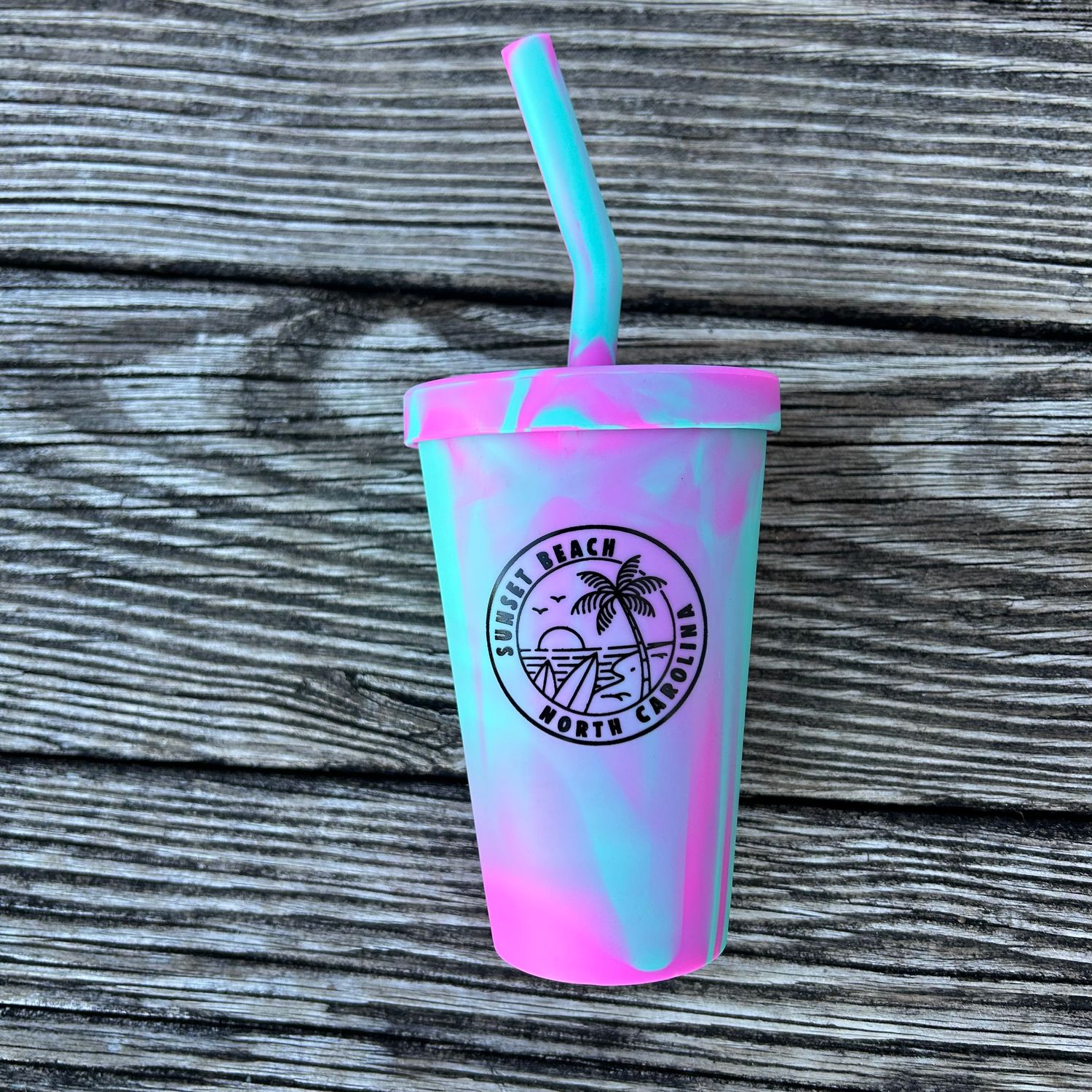 SUN &amp; PALM SILICONE CUP W/STRAW 16oz CUP PINK-AQUA MARBLE