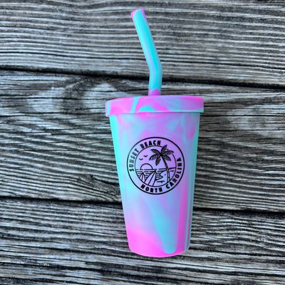 SUN &amp; PALM SILICONE CUP W/STRAW 16oz CUP PINK-AQUA MARBLE