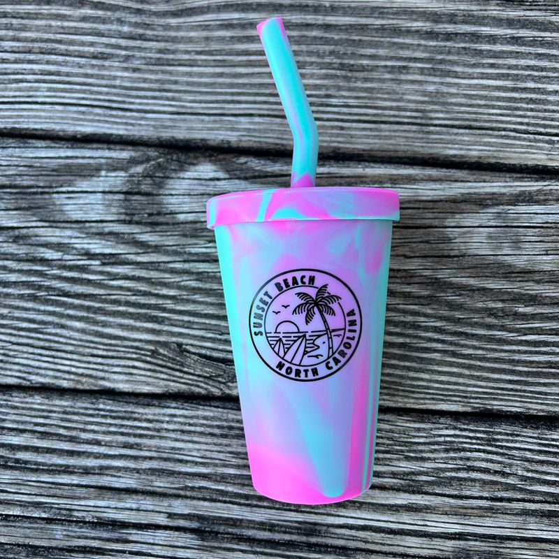 SUN &amp; PALM SILICONE CUP W/STRAW 16oz CUP PINK-AQUA MARBLE