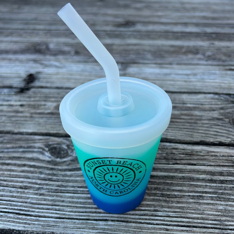 SMILEY SUNSHINE FACE SILICONE CUP W/STRAW 9oz CUP SEAGLASS
