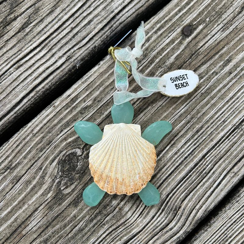 SHELL &amp; SEAGLASS TURTLE RESIN ORNAMENT