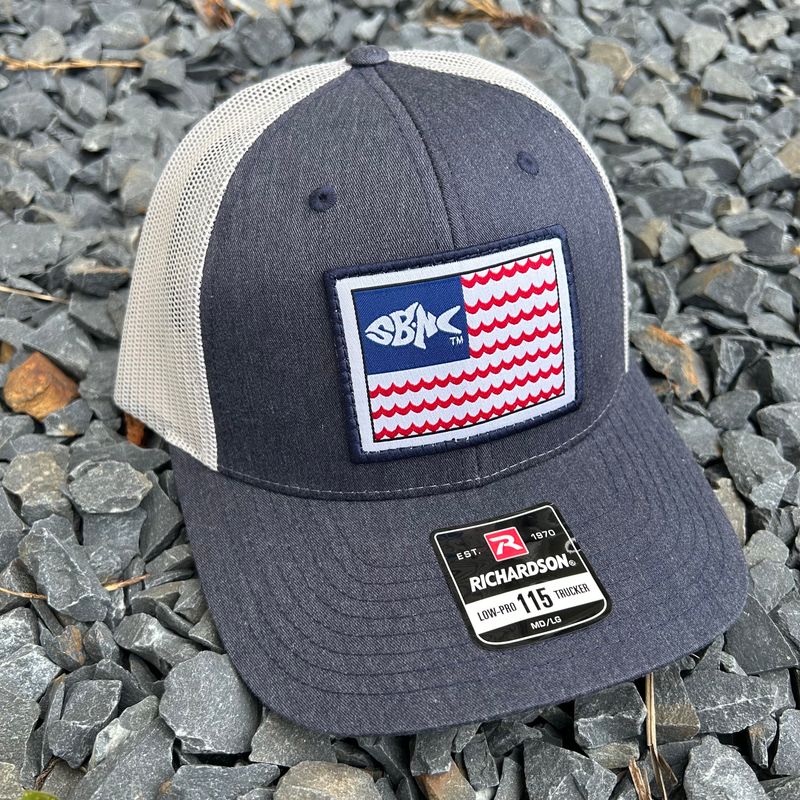 SBNC FISH WAVES FLAG PATCH CAP HTHNAV/LTGRY 115