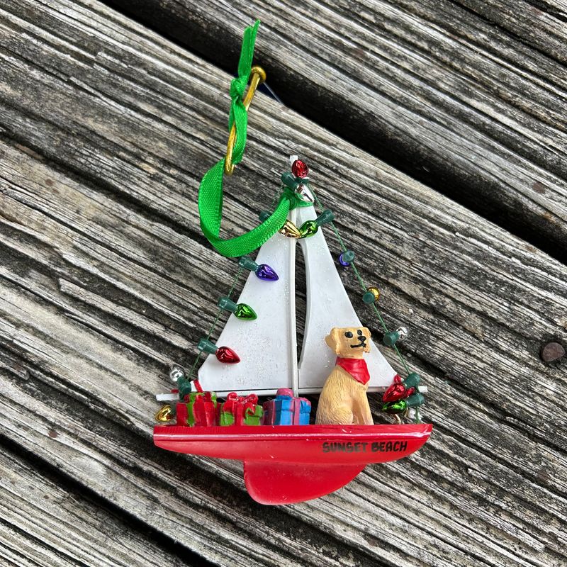ORNAMENT DOG IN SAILBOAT RESIN