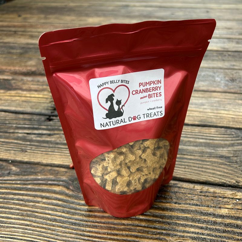 HAPPY BELLY BITES DOG TREATS (PIMPKIN CRANBERRY MINI BITES) HAPPY BELLY BITES DOG TREATS (PIMPKIN CRANBERRY MINI BITES)