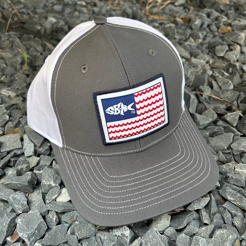 CAP SBNC FISH WAVES FLAG PATCH TWILL CHAR/WHITE 312