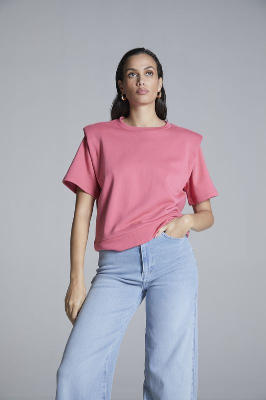 Short Sleeves Sweater With Shoulder Detail Bright Pink