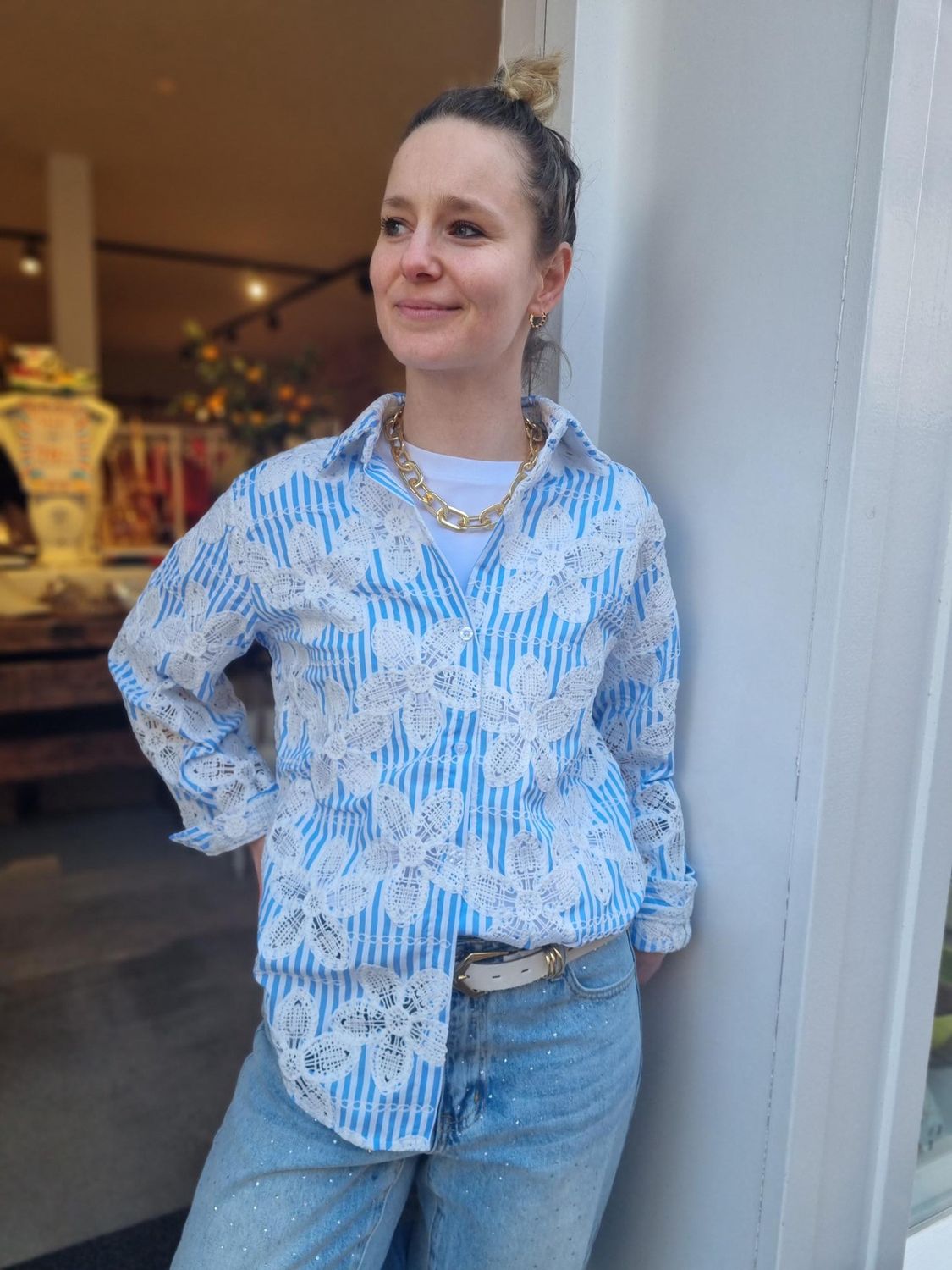 Blouse Lotus blauw-wit bloem One size