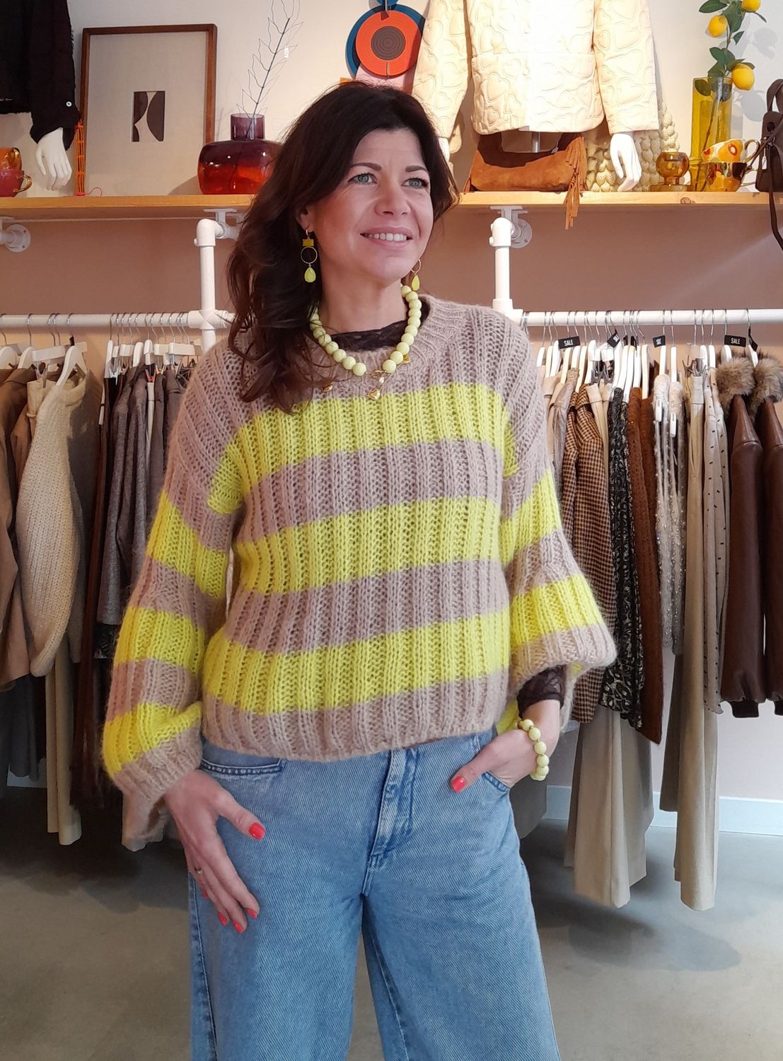 Trui Rumi geel/bruin streep one size