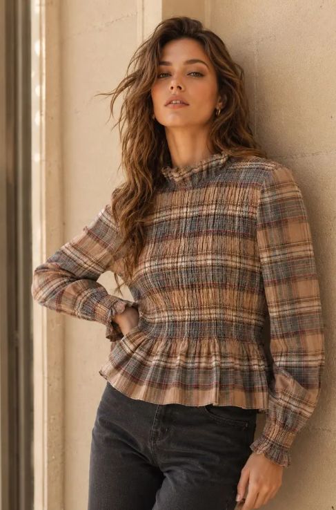 Top Elvie beige/blauw ruit