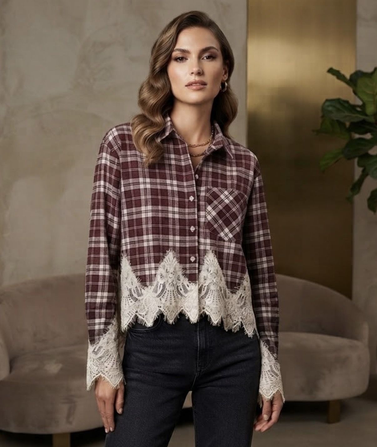 Blouse Lua bordeaux ruit/kant one size