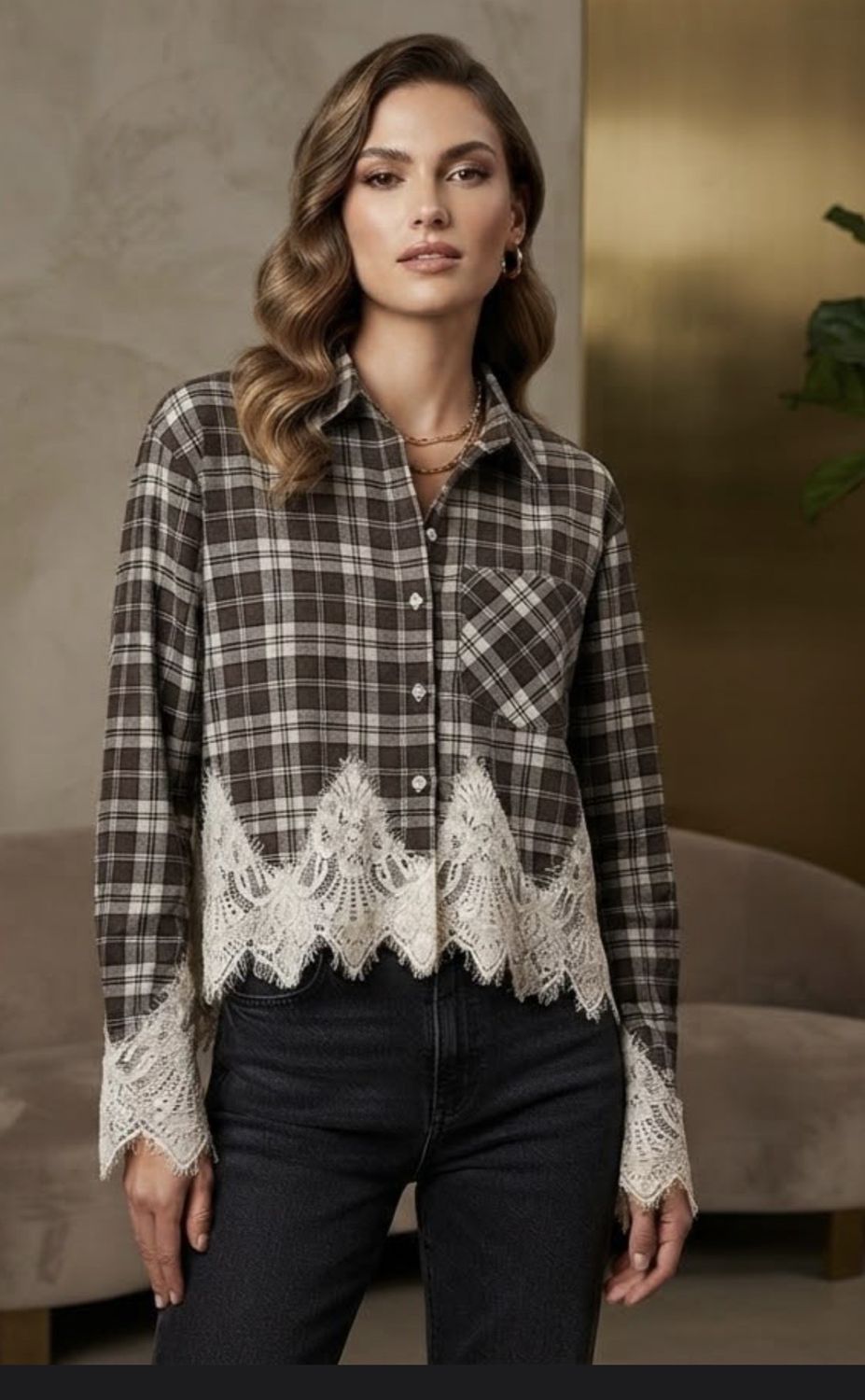 Blouse Lua bruin kant/ruit one size