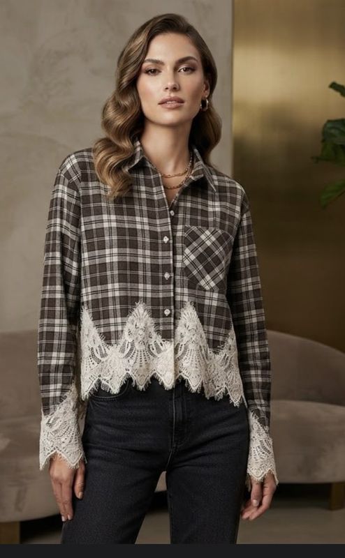 Blouse Lua bruin kant/ruit one size