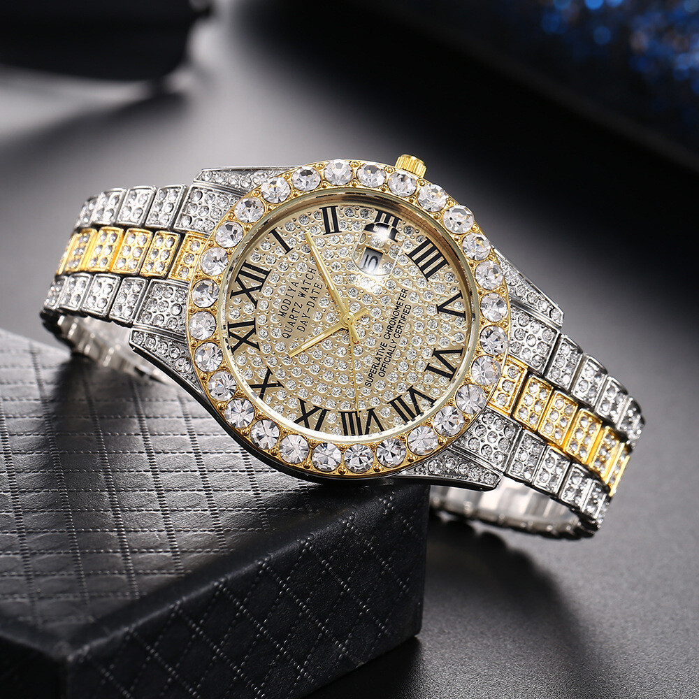 Rhinestone Calendar Full Diamond Surface Roman Scale Alloy Steel Belt Watch Starry Hip-hop