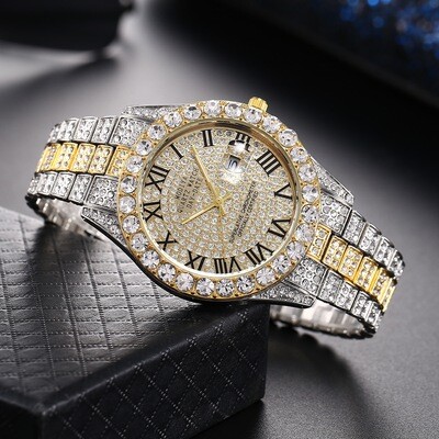 Rhinestone Calendar Full Diamond Surface Roman Scale Alloy Steel Belt Watch Starry Hip-hop