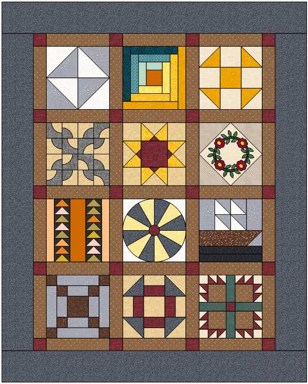 This diagram shows many of the blocks we will make. Our actual fabrics will be chosen to represent colours and textures typical of the time period. Colours and blocks may vary from this diagram