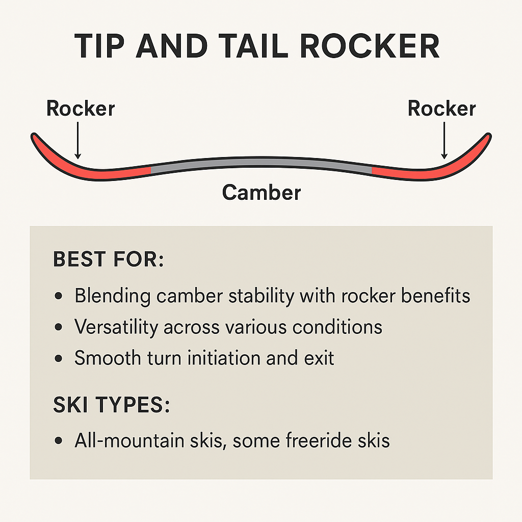 Downhill alpine ski tip and tail rocker