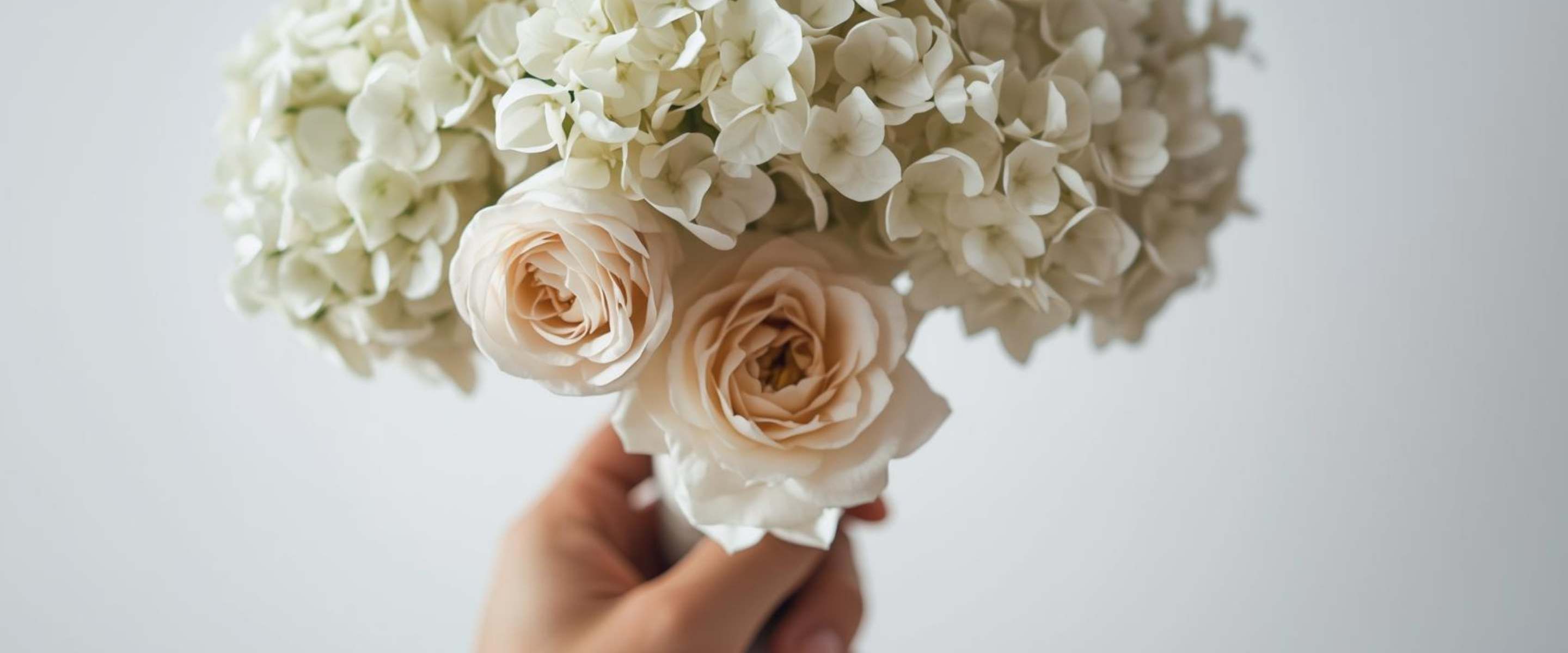 Editorial bouquet of white hydrangea and soft blush roses — part of Coco Fleur’s Stem Menu for custom flower design.