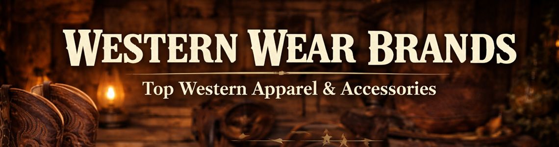 Western wear brands collection featuring cowboy boots, felt hat, denim shirt, and leather belt on rustic wooden background