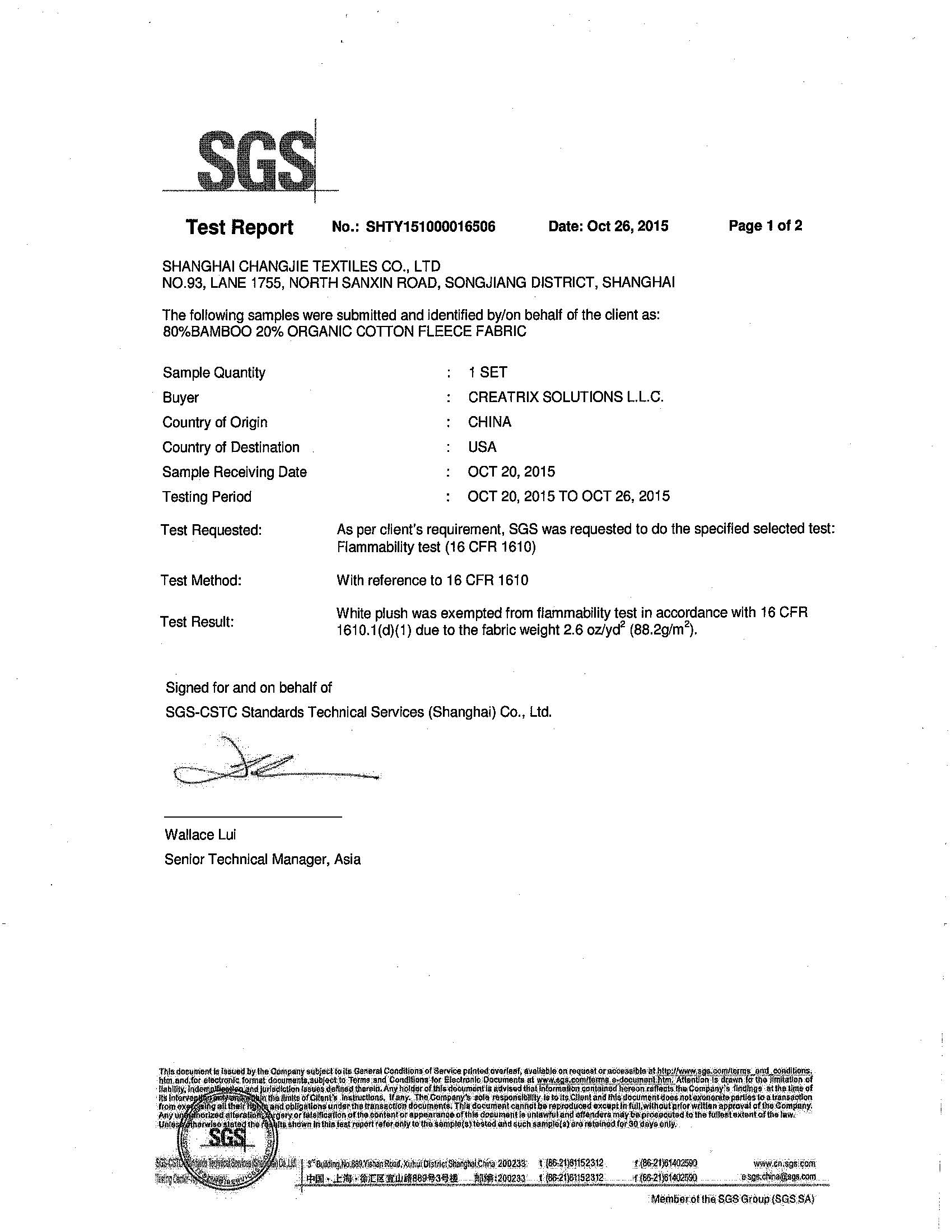SGS Test Report Bamboo Cotton Fleece Flammability Page 1