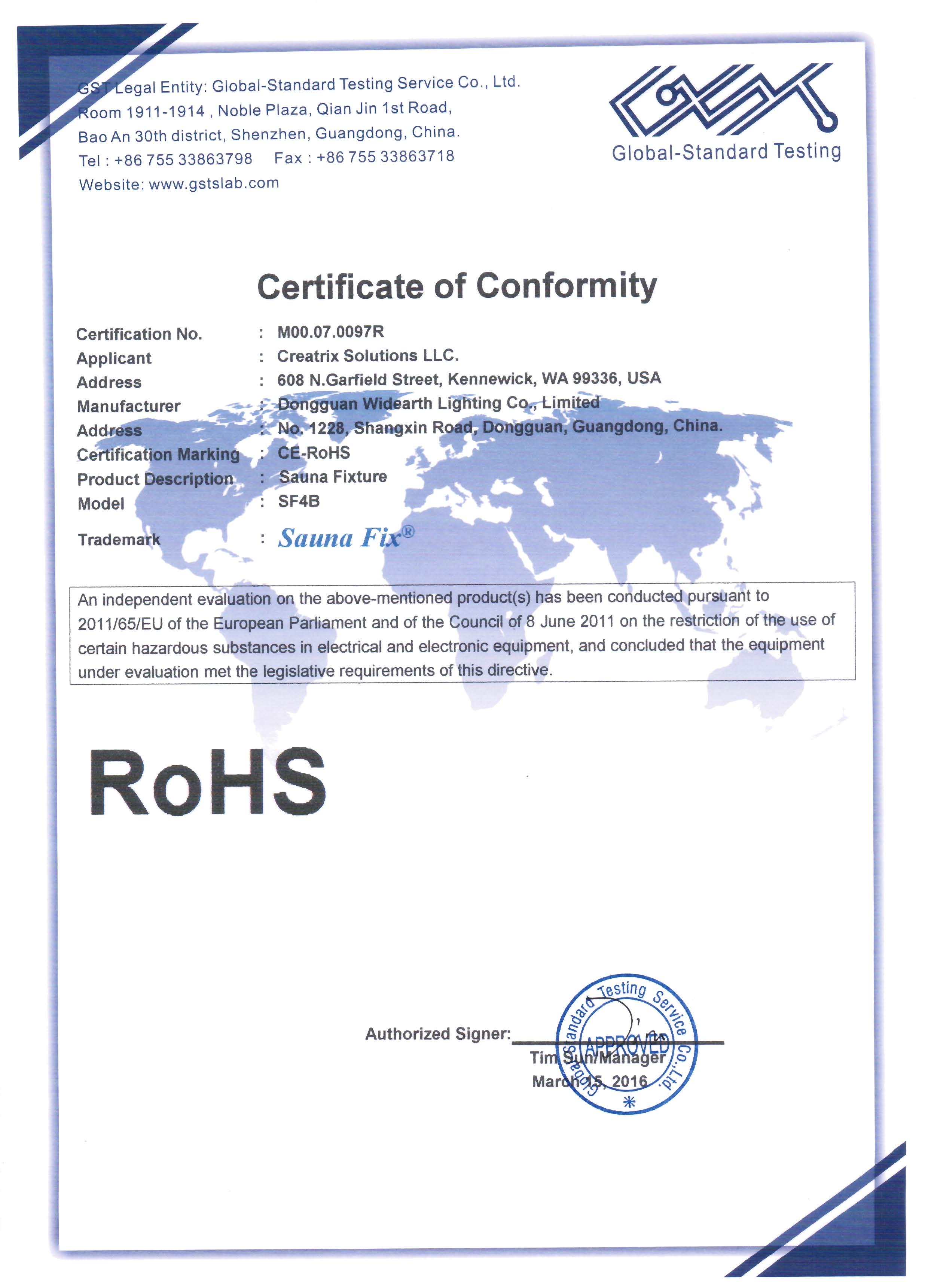 Sauna Fix EU RoHS Certificate of Conformity, No. M00.07.0097R