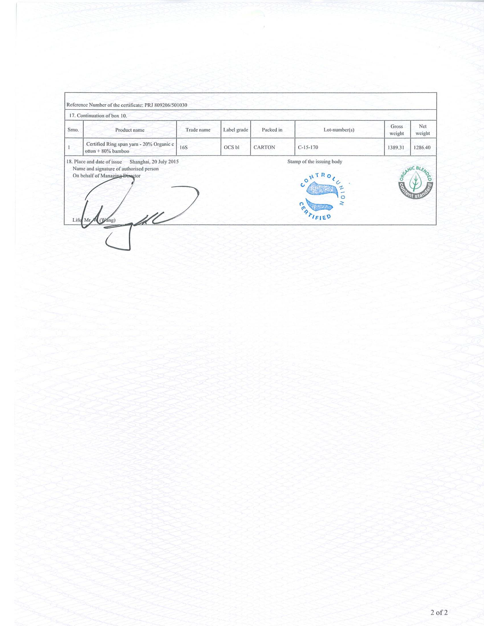 Organic Bamboo Cotton Fleece Certificate Page 2