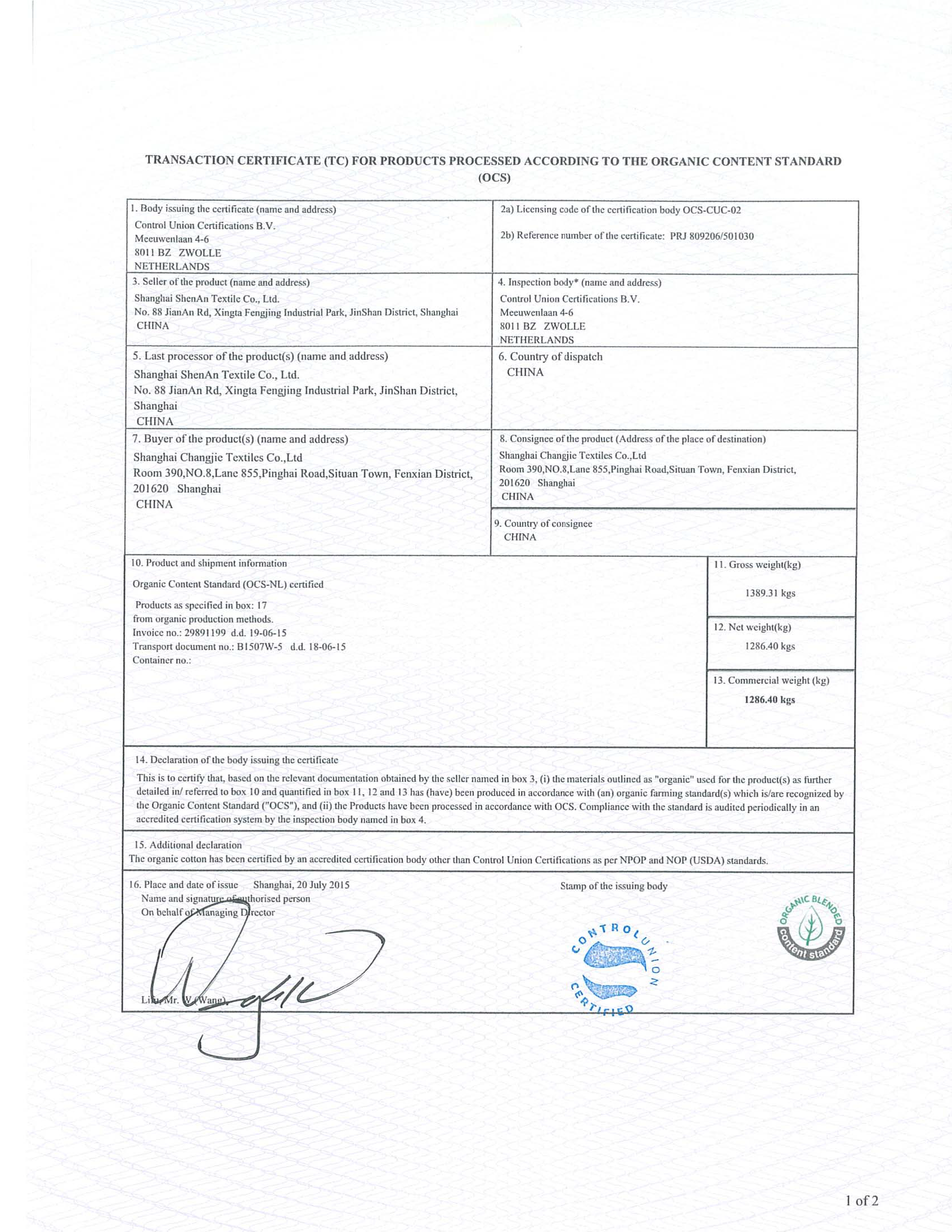 Organic Bamboo Cotton Fleece Certificate Page 1