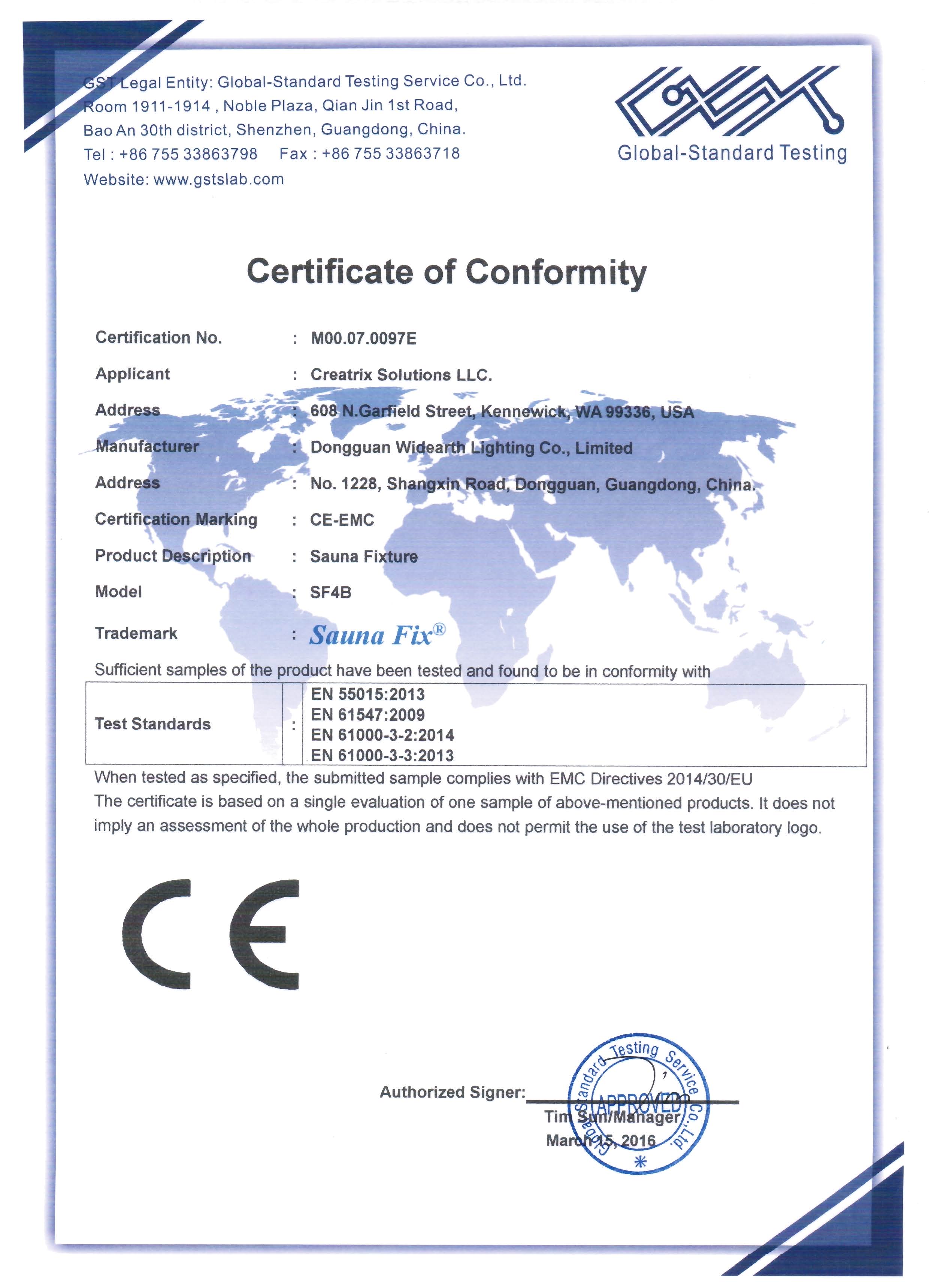 Sauna Fix EU CE EMC Certificate of Conformity, report number M00.07.0097E