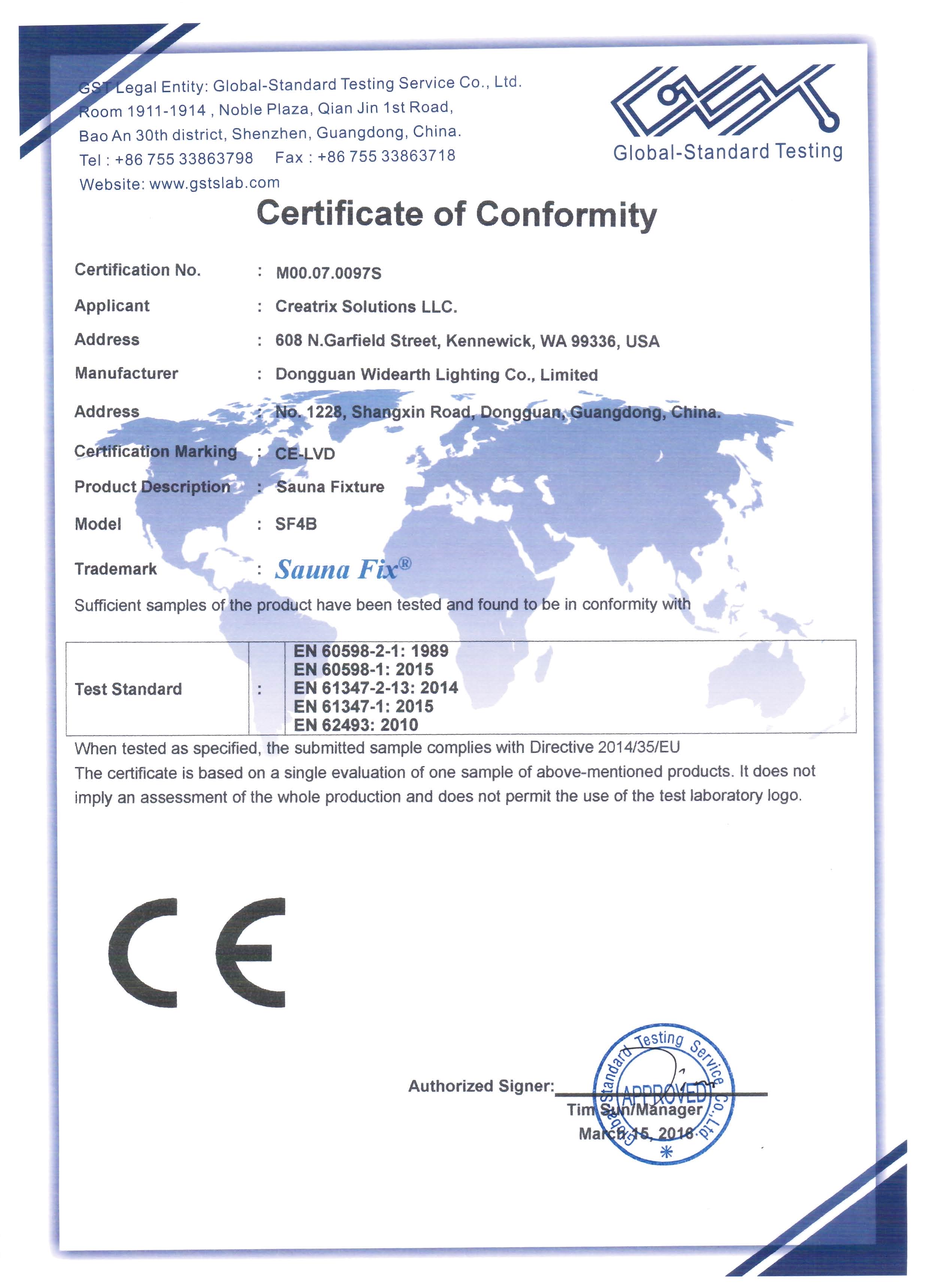 Sauna Fix EU LVD Certificate of Conformity, No. M00.07.0097S