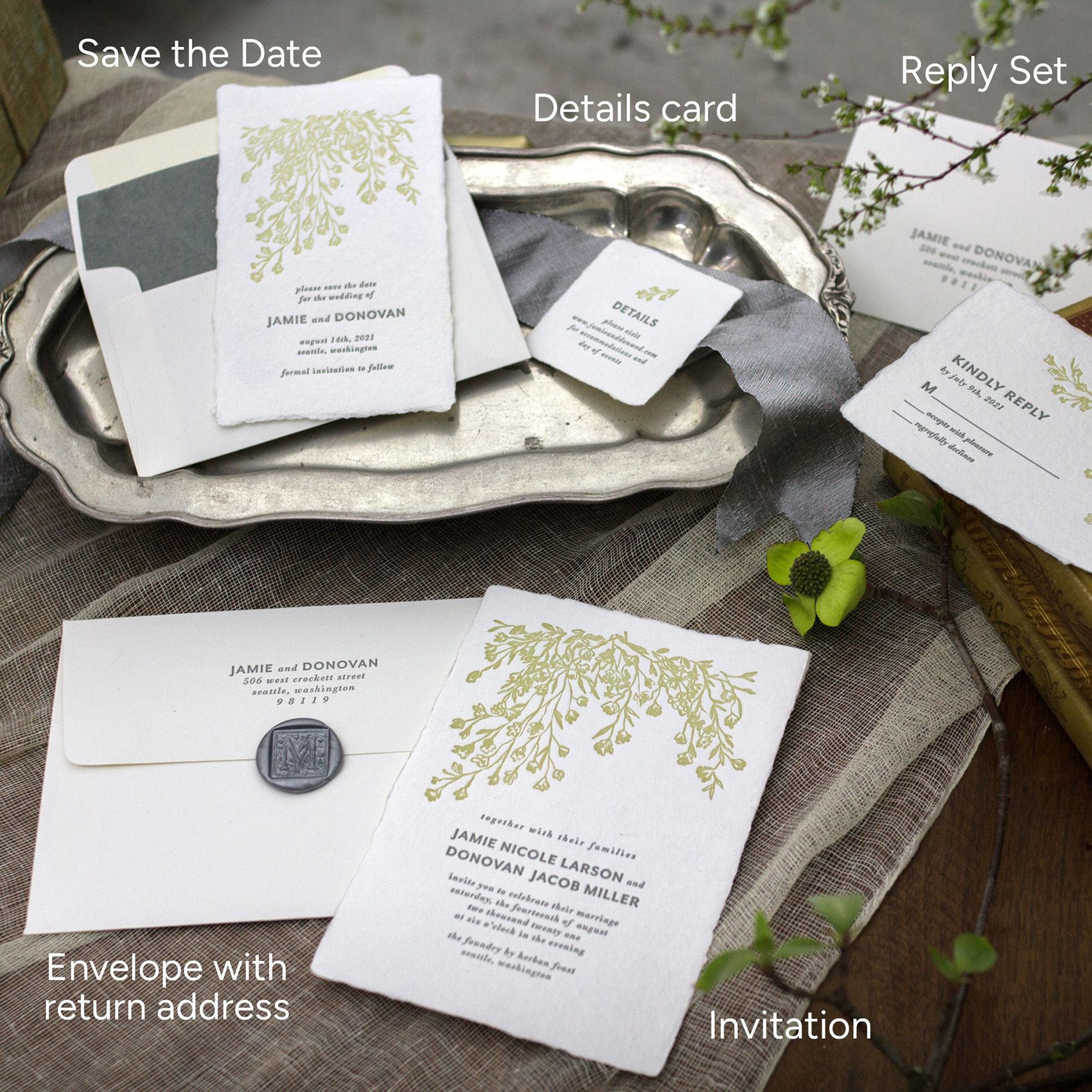 Letterpressed wedding suite of different stationery pieces