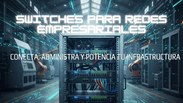 Banner digital mostrando switches H3C de alto rendimiento instalados en un rack moderno, destacando sus múltiples puertos Ethernet y conectividad eficiente.