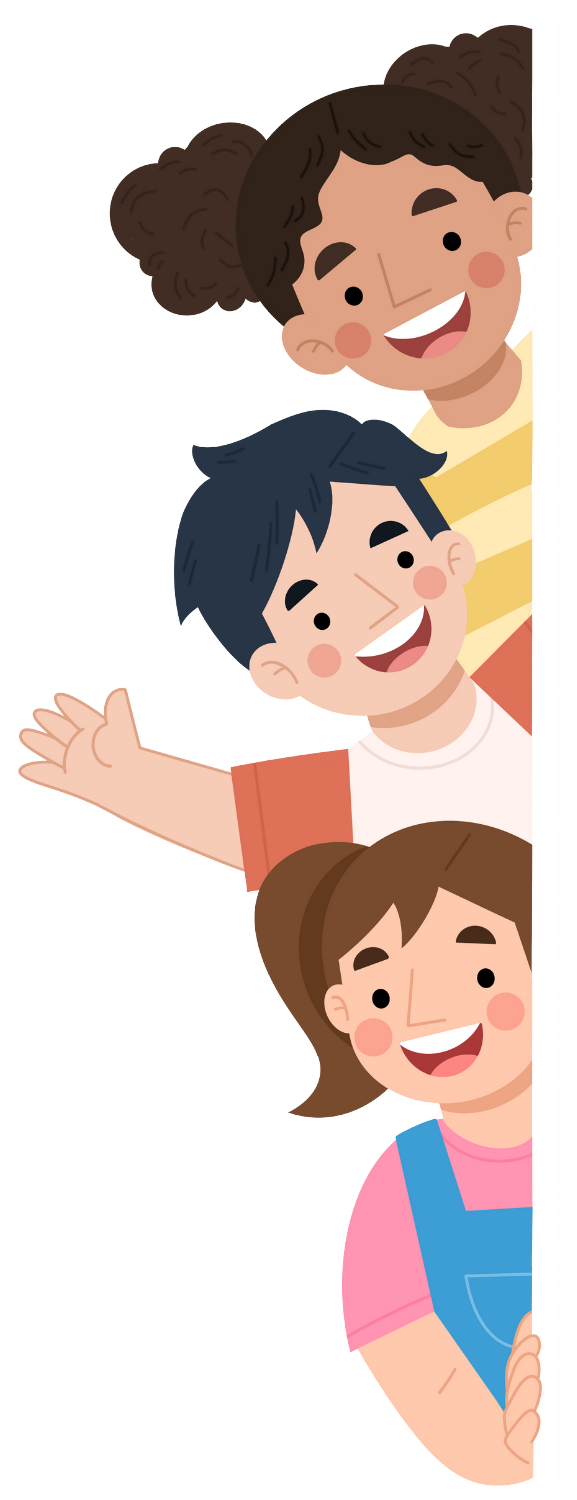 Three children smiling and peeking from behind a wall